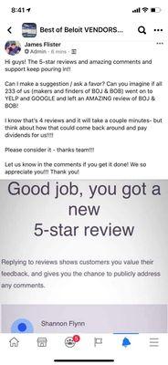 Asking vendors to leave reviews because he can't get good reviews from customers