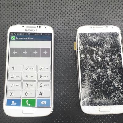 Samsung Galaxy S4...before on the right...after on the left. Run over in a parking lot...brought back to life by The Mob!