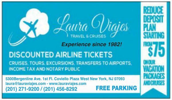 Laura Viajes * Travel & Cruises * 1 Hour Free Parking with Voucher * Garage Entrance on 53rd Street