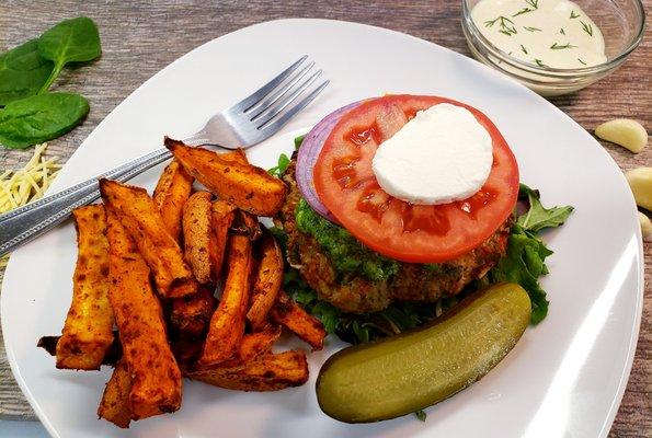 Organic Bunless Burger with Spinach Basil Pesto and Sweet Potato Fries