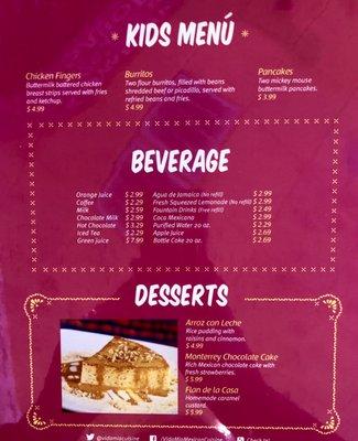 Kids, beverages & desserts menu July 2021