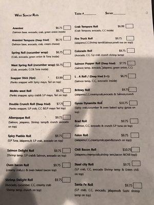 Specialty Roll Menu