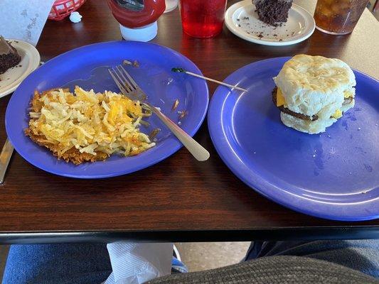 Hash browns and breakfast biscuit