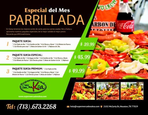 En Suksa tenemos los paquetes para asar, desde $39.99 . Ven y comprueba porque tenemos los mejores cortes de carne.