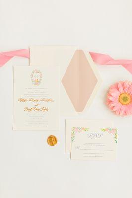 Watercolor Crest Destination Wedding Invitation