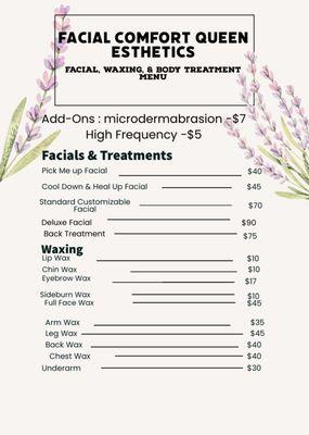 Full facial, Waxing and Body Treatment Menu