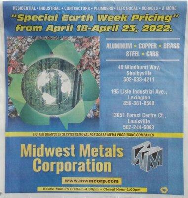 Special Earth Week Pricing, April 18 - April 23, 2022 for Recycling at Midwest Metals (ad from Sentinel News)