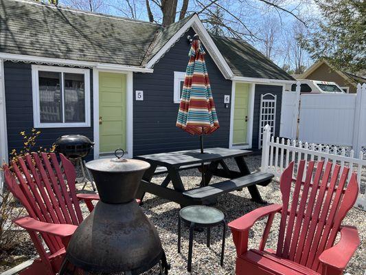 All of the cottages have private courtyards with chiminea, outdoor dining, charcoal grill and Adirondack chairs.