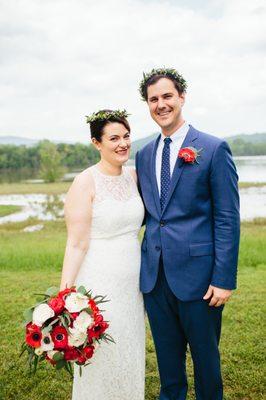 Bride and Groom with Bouquet and Flower Crowns