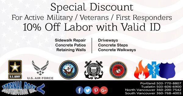 Special Discount For Active Military / Veterans / First Responders 10% Off Labor with Valid ID Sidewalk Repair Concrete Patios Retaining Wal