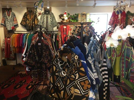 Handmade hemp shirts and jackets in the colors of the rainbow, hand embroidered coats, Ikat jackets and more.