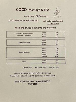 Massage offerings and prices as of 05/26/2022.