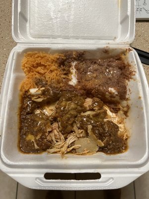 Chicken, enchiladas, beans, and rice