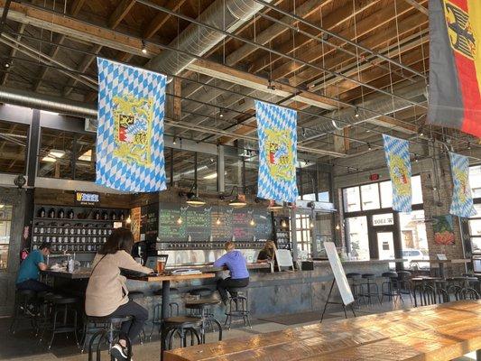 Bar area with Bavarian flags.