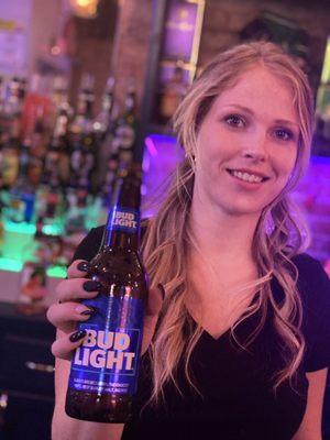 Elly Watkins promoting a Bud Light at Norms Pub!