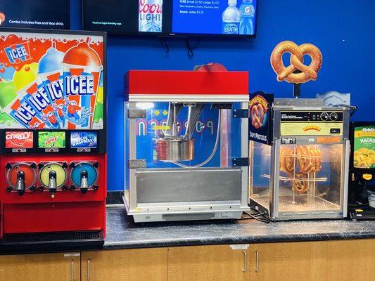 Icee, popcorn, pretzels