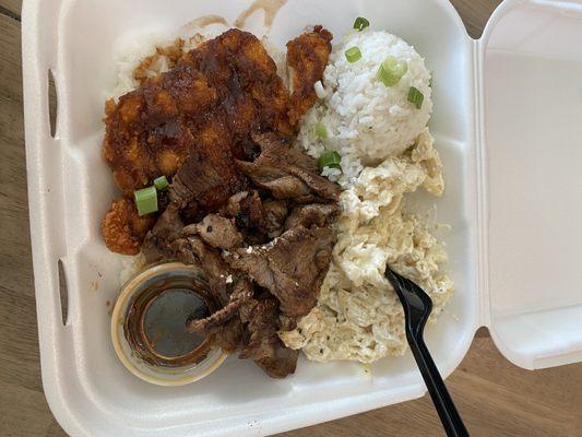 Teriyaki beef and Katsu chicken with macaroni and rice