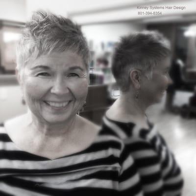 Mix up the usual with a contrasting shape for short grey hair. Perry used point cutting techniques to create a blend of textu...