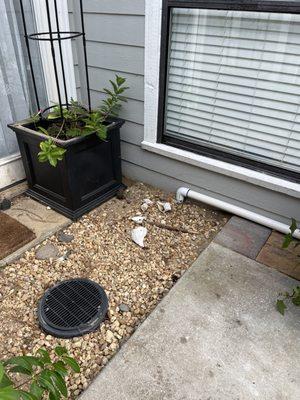 Sump pump and pvc outlet to prevent flooding at atrium door.