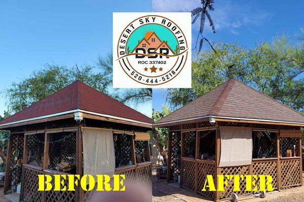 Before and after shingle job on a gazebo.