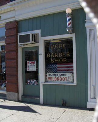 Hope Barber Shop storefront at 475 Hope Street in Downtown Bristol, RI.