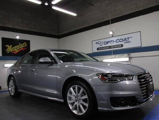 Audi A6 after paint correction, install of Opti-Coat Pro Plus and install of Xpel film to full hood, front and rear bumpers