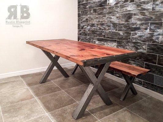 Reclaimed wood tabletop & metal x-frame legs with custom patina