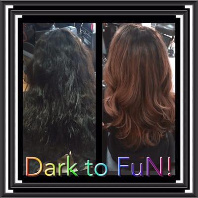 Went from a box color black to a fabulous lighter color.  Want to make your hair fabulous give us a try.