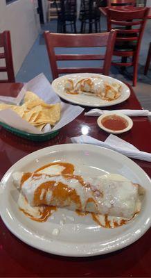 Supreme Burrito- Steak, Chicken, Shrimp, Queso Chips and Salsa