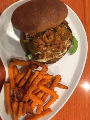 Jalapeño grass fed burger with sweet potato fries