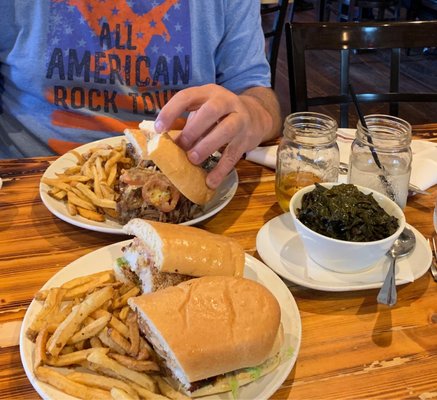 Brisket Po' Boy, Catfish Po' Boy and collared greens