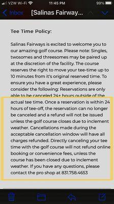 Salinas Fairways cancellation policy, taken from my prepaid tee time confirmation.