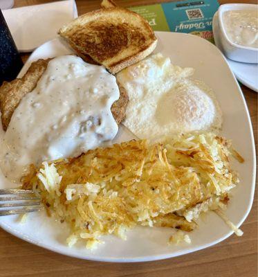 CFS, hash browns, White Toast, over easy eggs