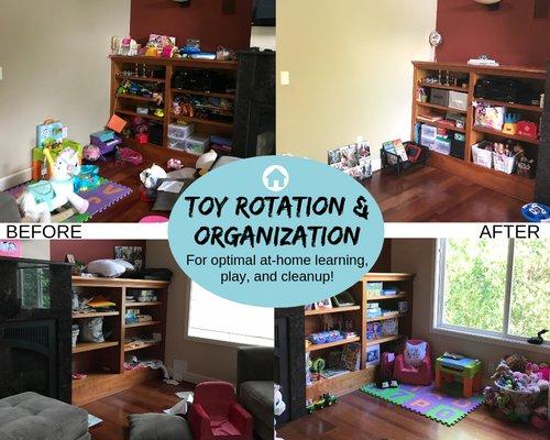 Making use of what a client already has for a low-cost and easy toy rotation and organization solution. Less stuff, more focus, less mess!