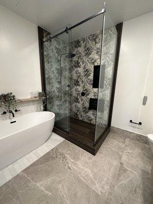 Our-remodeled shower with porcelain wall and floor tile from High Style