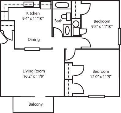 Two bed / One bath 752 Sq. Ft.