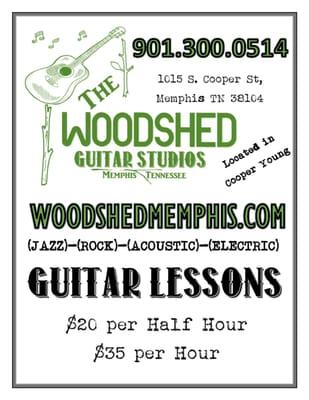 Guitar lessons at The Woodshed $20 for half hour and $35 for the whole hour.