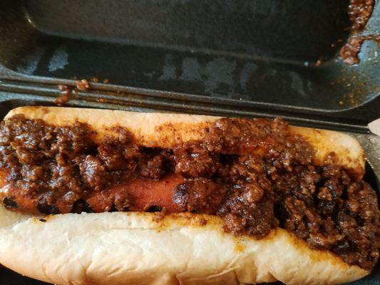 Chili dog with burnt chili!