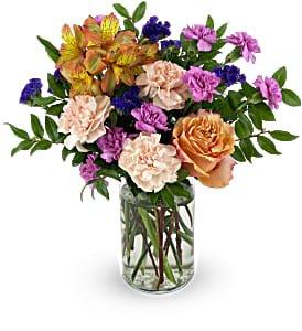 Fields of Love bouquet rose, alstromeria mini carnations purple statice and carnations., Colors may vary from season to season