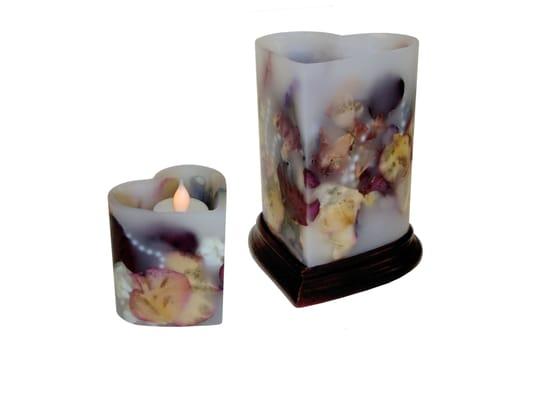 Heart-shaped candles (Small - with inner flicker light.  Large with inner 50 hour fuel cell)