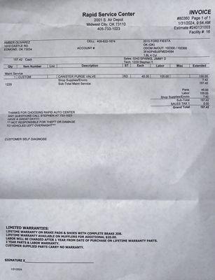 Invoice for repairs at Rapid Service Center Kevin at Del Auto quoted me $300