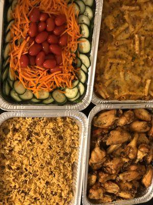 Garden Salad, Rice & Peas, Bake Chicken, Baked Ziti