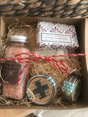 Gift set including hand made soap, lip balm, skin balm and bath salt