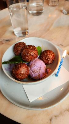 Ube mochi donuts with ube ice cream