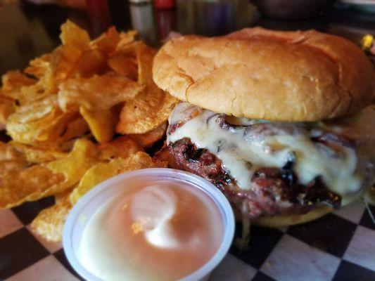 Jamaican Jerk burger, topped with Swiss, onion & pineapple, with banana aioli. So delicious, you almost forgot how bad the service was!