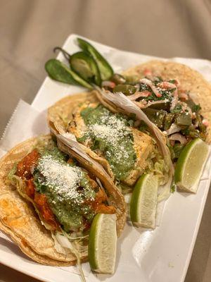 (Left to Right) Stewed Chicken Taco, Tofu Taco, Cactus Taco