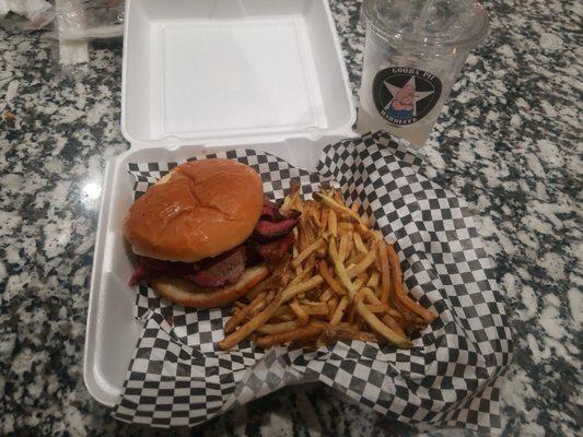 Brisket sandwich with fries and fresh lemonade.