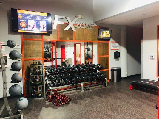 Weight room! Weights, Ropes, Medicine Balls, Kettlebells, and more.