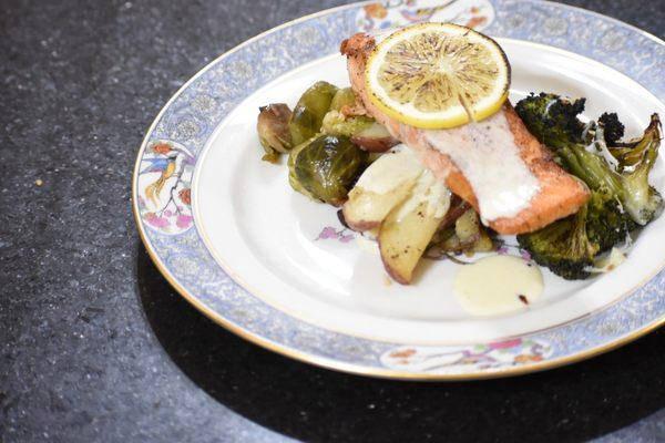 We had a salmon dish with potatoes, Brussels sprouts and broccoli in a cream sauce. So delicious!