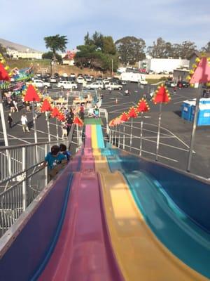 Our point of view before going down the wavy slide in our potato sacks. Yeeeee!